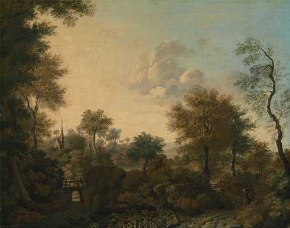 这是苏塞克斯州阿伦德尔附近的一个景观，小巷里有人物`A View Supposedly Near Arundel, Sussex, with Figures in a Lane (mid~18th century) by George Smith