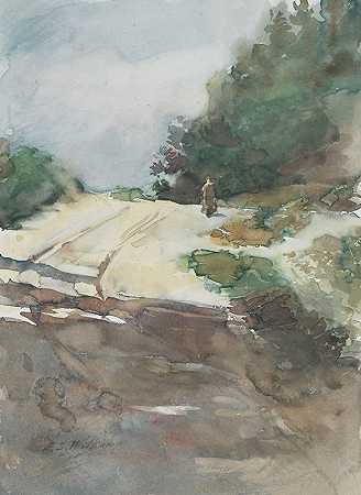 穿越森林景观的沙路`Zandweg door bosrijk landschap (1864 ~ 1897) by Ernst Witkamp