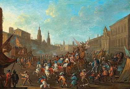意大利式广场上的狂欢节`Carnival in an Italianate piazza by Arnold Frans Rubens