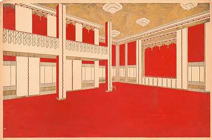 为身份不明的舞厅设计，可能是纽约市地区。][朱砂和黄金的透视渲染`Design for unidentified ballroom, probably New York City area.] [Perspective rendering in vermillion and gold (1920) by Winold Reiss