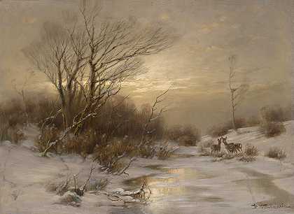 冬季景观中的鹿`Rehe in Winterlandschaft by Désiré Thomassin