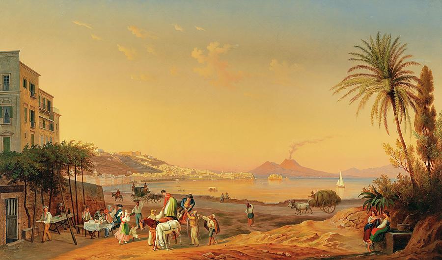 那不勒斯，杜塞克大道上的一幅生动景象`Naples, A Lively Scene on the Promenade at Dusek by Hubert Sattler