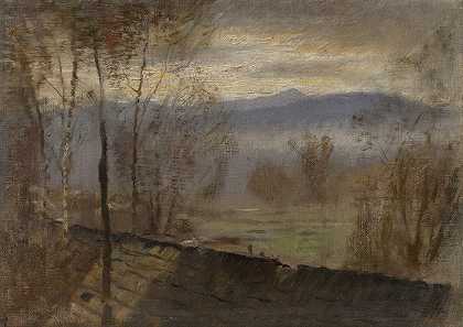 一条河的黄昏景观`Early Evening Landscape with a River (1890) by Ladislav Mednyánszky