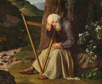 打瞌睡的竖琴手`A dozing harpist (1832) by Adam August Müller