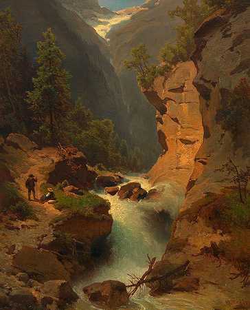 瀑布`Wasserfall (1872) by Melchior Fritsch