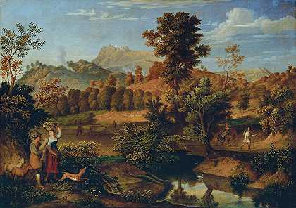 意大利的耕地农民景观（奥列瓦诺附近的Serpentara，帕利亚诺附近的景观）`Italienische Landschaft mit pflügendem Landmann (Die Serpentara bei Olevano, Landschaft bei Paliano) (1824~1826) by Joseph Anton Koch