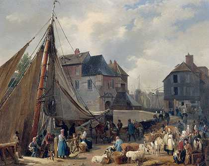 端口Honfleur，牲畜登机`Le port Honfleur, lembarquement des bestiaux (1823) by Auguste Xavier Leprince