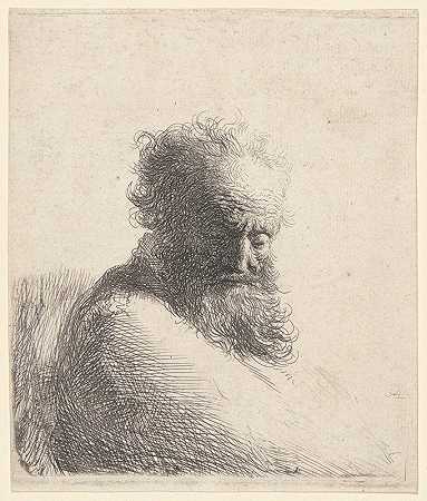 一个留着胡子的老人的半身像，俯视着`Bust of an Old Bearded Man, Looking Down (1631) by Rembrandt van Rijn