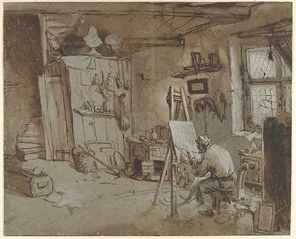 在画室工作的画家`A Painter at Work in his Studio (1663–77) by Thomas Wijck