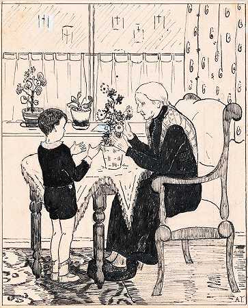老妇人摆好一束花`Oude vrouw schikt een boeket (1925) by A. Tinbergen
