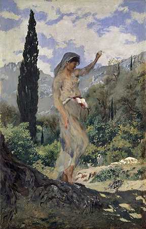 Corfu上的纺纱女孩`Spinning Girl on Corfu (1884) by Frank Buchser