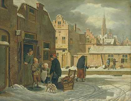 冬天的城市景观`City View in the Winter (1790 ~ 1813) by Dirk Jan van der Laan