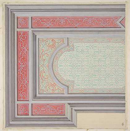 strapwork和rinceaux天花板装饰设计`Design for the decoration of a ceiling in strapwork and rinceaux (1830–97) by Jules-Edmond-Charles Lachaise