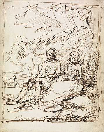 男人和女人抱着婴儿，坐在岸边`Man and Woman Holding Baby, Seated on Bank by Benjamin West