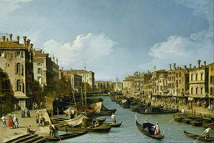 威尼斯里亚尔托桥附近的大运河`The Grand Canal near the Rialto Bridge, Venice (1728~1732) by Canaletto