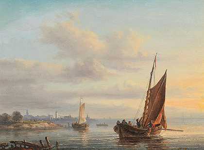 在荷兰海岸前驾驶船只`Sail Boats before a Dutch Coast by Anthon Hermanus Adrianus Sem