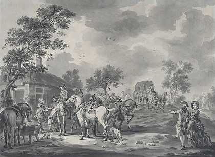 一群骑手和马车聚集在一个浇水的地方`A Gathering of Horsemen and a Coach near a Watering Place (1776) by Dirk Langendijk