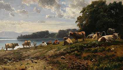 湖岸上的奶牛`Kühe am Seeufer (1870) by Friedrich Voltz