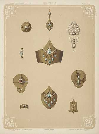 十种珠宝设计，包括镶有绿色宝石的金尖手镯。`Ten Designs For Jewelry, Including Gold Pointed Bracelet With Green Stones. (1872 ~ 1873) by Martin Gerlach