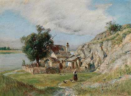 海恩堡附近的多瑙河畔`Hütte an der Donau bei Hainburg by Rudolf Ribarz
