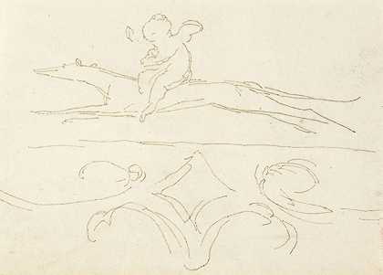 一个孩子骑着狗的素描`Sketch of a Child Riding a Dog (1805–40) by William Pitts
