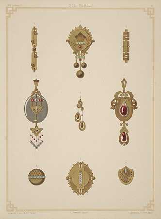 九种珠宝设计，包括镶有绿色和红色宝石的金胸针。`Nine Designs For Jewelry, Including Gold Brooch With Green And Red Stones. (1872 ~ 1873) by Martin Gerlach