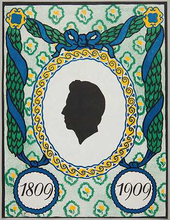 Juliusz Słowacki和诞辰100周年之际的窗户贴纸母亲的出生`Window sticker on the occasion of the 100th anniversary of Juliusz Słowackis birth (1909) by Stefan Filipkiewicz
