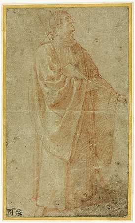 站着的和尚拿着一本书和一根棍子`Standing Monk Holding a Book and Staff (c. 1590) by Bartolomeo Cesi