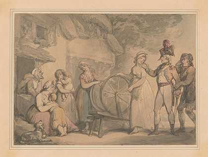 士兵和村民在农舍外`Soldiers and villagers, outside a farmhouse (ca. 1780–1825) by Thomas Rowlandson