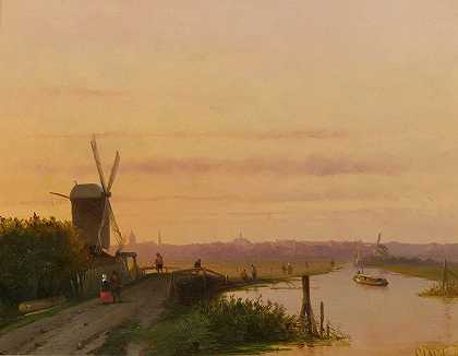 荷兰小镇上的日落`Sunset Over A Dutch Town (19th Century) by Dutch School