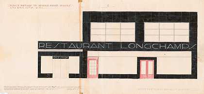 纽约州纽约市第79街朗尚餐厅设计。][餐厅前面的拟议处理方法]`Design for Longchamps Restaurant, 79th St., New York, NY.] [Proposed treatment for front of restaurant (1943) by Winold Reiss