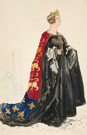 女王（黑色），亨利·欧文1898年计划制作的《理查二世》的服装素描`The Queen (in black), costume sketch for Henry Irving’s 1898 Planned Production of Richard II by Edwin Austin Abbey