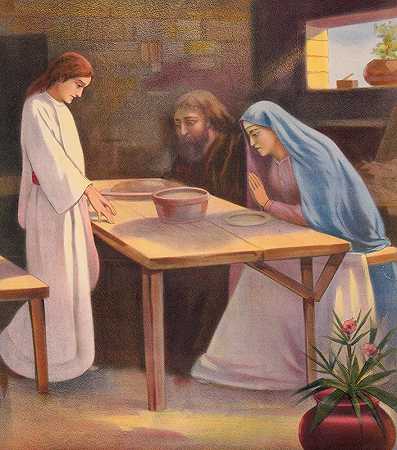 耶稣和他在拿撒勒的家`Jesus and his home at Nazareth (1905) by Stecher Litho. Co