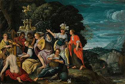 密涅瓦参观赫利孔山上的缪斯女神`Minerva Visiting The Muses On Mount Helicon (1620) by Johann König