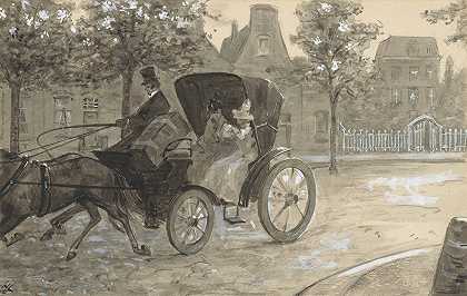两个女人坐在马车里`Twee vrouwen in een paardenkoets (1901) by H.C. Louwerse