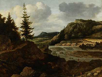 有游客的多山河流景观`A Mountainous River Landscape with Travellers (About 1660) by Allart van Everdingen
