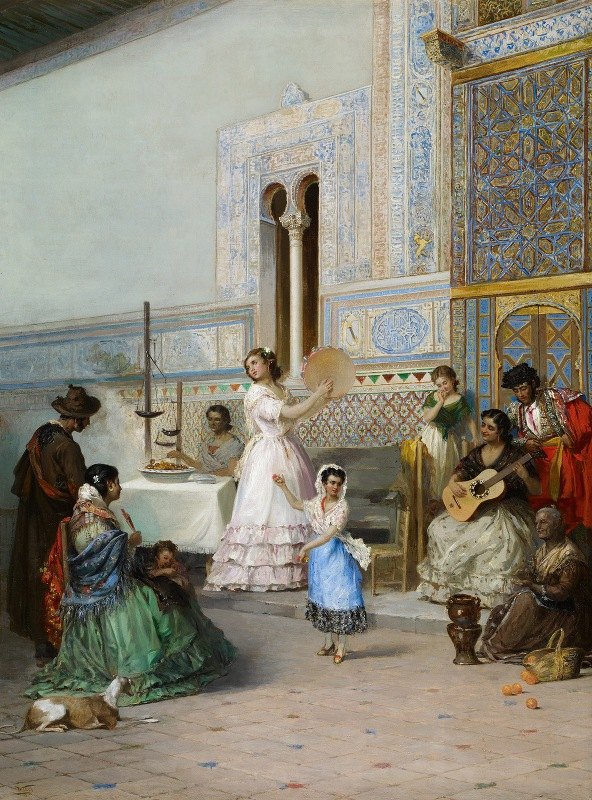 塞维利亚阿尔卡扎尔的风俗场景`Genre Scene at the Alcázar of Seville (1872) by Manuel Ussel de Guimbarda
