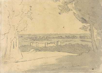 远处建筑的景观`Landscape with a Distant Buildings (1774–75) by Joseph Wright of Derby