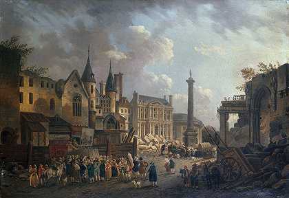 想象中的巴黎十字路口`Spectacle forain dans un carrefour imaginaire de Paris (1770) by Pierre-Antoine Demachy