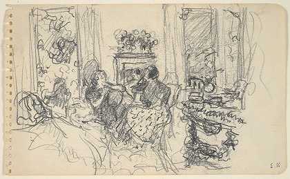 女人们在开着窗户和壁炉的沙龙里聊天`Women Conversing in a Salon with Open Windows and a Fireplace (ca. 1915) by Édouard Vuillard