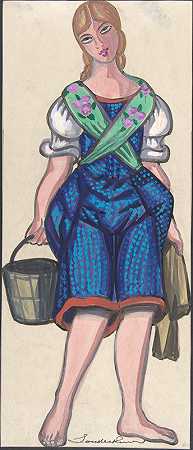 打扮成挤奶女工拿着桶的女人`Woman dressed as a milkmaid holding a pail by Sergey Yurievich Sudeikin
