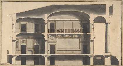 右侧为带有门廊的房屋部分。`Section of a House with Portico Seen at Right. (1750–1850) by Giovanni Battista Galliani