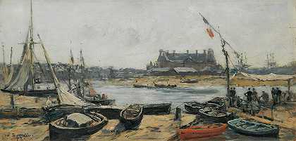 特鲁维尔，从拍摄的港口景色码头`Trouville, Vue Du Port Prise De Lembarcadère (1872) by Eugène Boudin