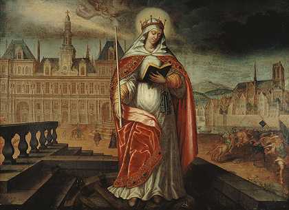 巴黎守护神圣吉纳维耶夫在市政厅向右，匈奴人被击退`Sainte Geneviève, patronne de Paris, devant lHôtel de Ville; à droite, les Huns repoussés (1620)