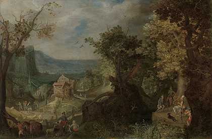 猎人和骑手在一条树木繁茂的路上，远处山谷中有一个村庄`Hunter and Horsemen on a Wooded Road, with a Village in a Valley beyond (1608) by Anton Mirou