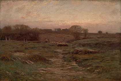 风景（山谷中的羊）`Landscape (Sheep in the Valley) (1900) by Dwight W. Tryon