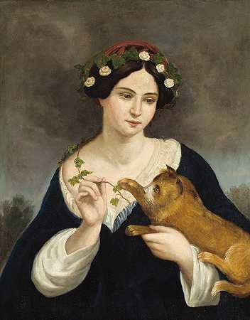 一个养着猫和常春藤的女人的肖像`Portrait of a Woman with a Cat and Ivy by Juan Cordero