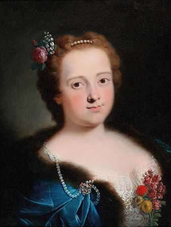 一位女士的肖像，半身像，身穿白色刺绣连衣裙和蓝色毛皮衬里斗篷`Portrait Of A Lady, Bust~ Length, In A White Embroidered Dress And Blue, Fur~Lined Cape by Bartolomeo Nazari