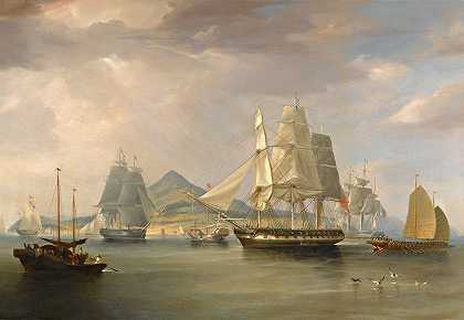 中国林亭的鸦片船`The Opium Ships At Lintin, China (1824) by William John Huggins