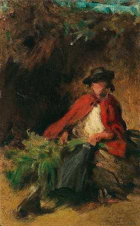 穿着红色斗篷坐着的女孩，前面有一只兔子`Sitzendes Mädchen mit rotem Umhang, einen Hasen vor sich (1865) by Carl Spitzweg
